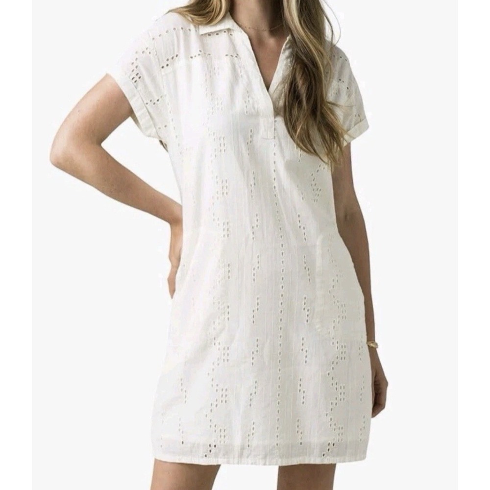 Prana White Eyelet Short Sleeve Shift Dress